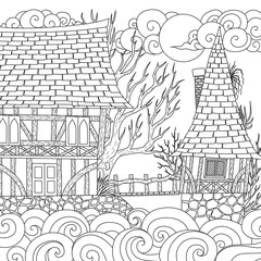 Haunted house on the river, Happy Halloween Theme for printing ,coloring book, laser cut and so on. Vector illustration
