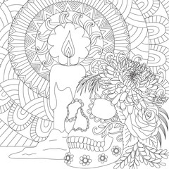 Line art of skull and candle for Halloween theme coloring book, coloring page and other design element. Vector illustration