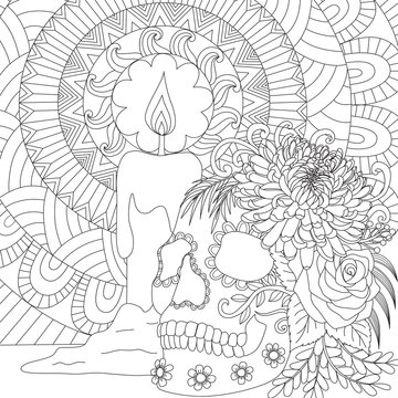 Line art of skull and candle for Halloween theme coloring book, coloring page and other design element. Vector illustration