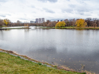Fototapeta na wymiar Bolshoy Golovinsky Pond in Moscow city in autumn