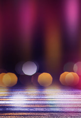 Empty abstract background. Reflection of blurry city lights on asphalt, smoke, bokeh. Neon...
