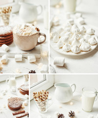Christmas cookies, milk, cocoa, marshmallows, meringue on a white plate by the window