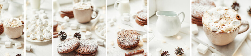 Christmas cookies, milk, cocoa, marshmallows, meringue on a white plate by the window