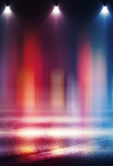 Empty abstract background. Reflection of blurry city lights on asphalt, smoke, bokeh. Neon...