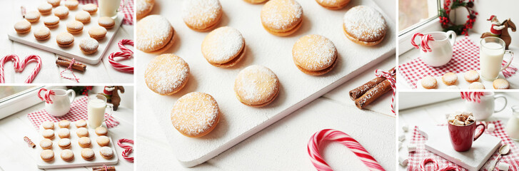 Christmas cookies, milk, cocoa, marshmallows, meringues on a white background by the window