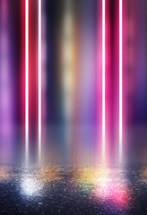 Empty abstract background. Reflection of blurry city lights on asphalt, smoke, bokeh. Neon...