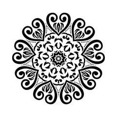 Round black mandala on white isolated background. Decorative ornament in ethnic oriental style.