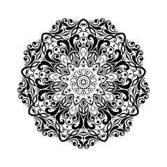 Round black mandala on white isolated background. Decorative ornament in ethnic oriental style.