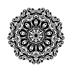 Round black mandala on white isolated background. Decorative ornament in ethnic oriental style.
