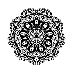 Round black mandala on white isolated background. Decorative ornament in ethnic oriental style.