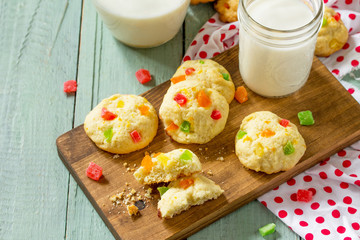 Baked Homemade Christmas cookies. Chip Cookies with Candied Fruit on wooden table.