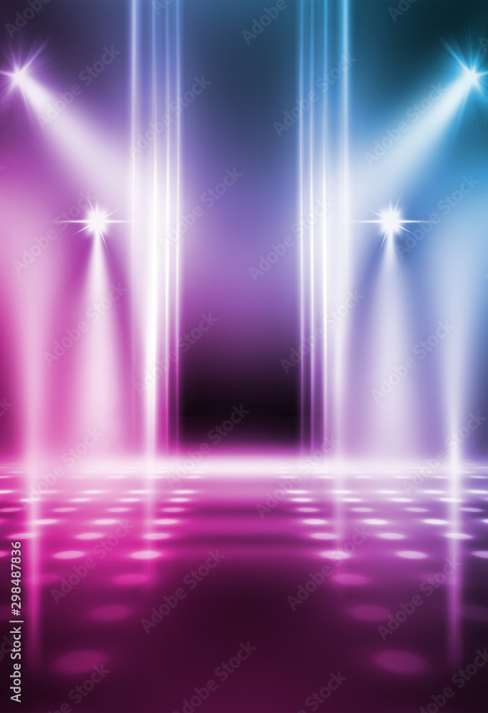 Poster Empty background scene. Dark street reflection on wet asphalt. Rays of neon light in the dark, neon shapes, smoke. Background of an empty stage show. Abstract dark background.