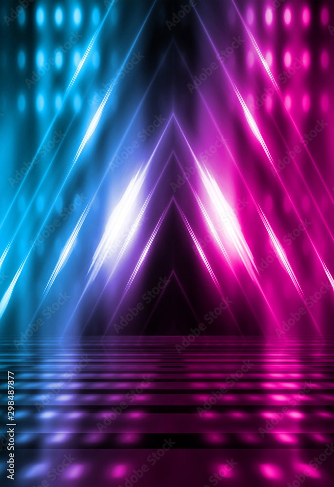 Poster empty background scene. dark street reflection on wet asphalt. rays of neon light in the dark, neon 