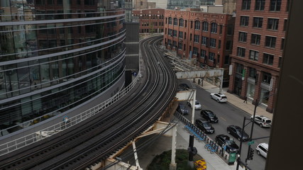 Chicago Illinois USA downtown with cars and train tracks shot in 4k high resolution