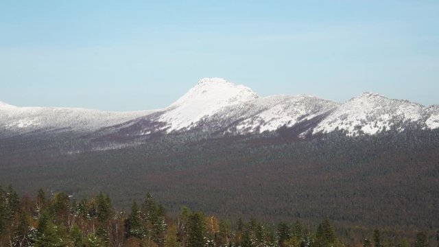 Panorama of Taganay Mountain Ridge Peak Covered with Snow. Winter in Taganay National Park in the Urals, Russia