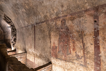 Fototapeta na wymiar Inside of the Mithraeum of Ancient Capua, discovered in 1922. Is one of the most important of the Roman empire