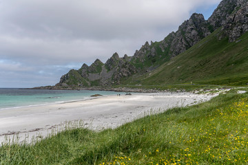 white sand beach and steep rocks, Bleik , Norway