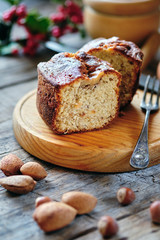 Almond sponge cake with rustic background