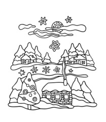 New Year and Christmas houses and trees. Coloring book page for adult and children.