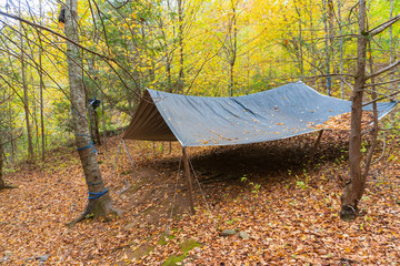 Bushcraft tarp camp shelter in the Blue Ridge Mountain Wilderness near Asheville, North Carolina....