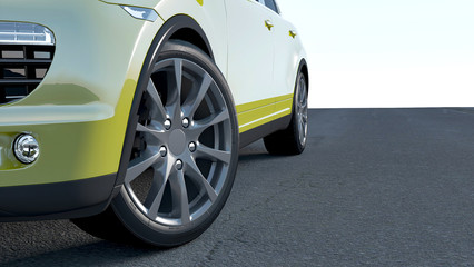 The car 3D sedan is worth on a road 3D rendering. Wheel close-up