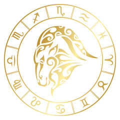 Zodiac sign capricorn and circle constellations in maori tattoo style. Gold on white background vector illustration isolated.