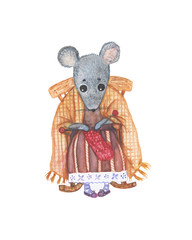hand drawn watercolor illustration/ funny mouse or rat  knits  on rocking chair/symbol of  year 2020/chinese new year symbol,character for greeting cards