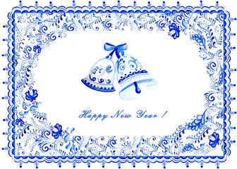 Watercolor Frame with blue watercolor floral background in folk gzhel style. Hand drawn template for greeting, christmas, wedding card or invitations  with space for text. Elegant lace frame