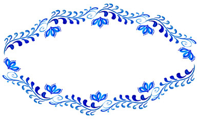 Watercolor card with blue watercolor floral background in folk gzhel style. Hand drawn template for greeting, christmas, wedding card or invitations  with space for text. Elegant lace frame. Circle