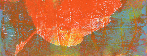 Abstract color acrylic and watercolor painting. Monotype template. Canvas texture background. Horizontal long banner..