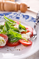 salad of fresh tomatoes, young cheese and fresh spinach.