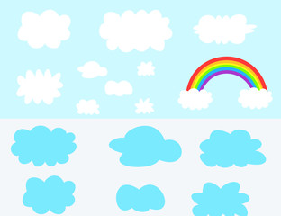 Rainbow and clouds.White clouds and blue clouds in the sky.Bubbles or labels for decoration.