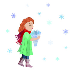 Little girl holds a bag of snowflakes under a snowfall. A cute child of European race with brown hair dressed in a dress, a red scarf and boots. Isolated vector. Dreamy winter mood design for card