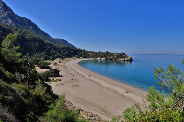 The secluded, only accessible on foot or by boat beaches Mikro Seitani Beach and Megalo Seitani Beach on the Greek island of Samos.