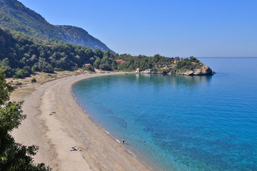 Fototapeta na wymiar The secluded, only accessible on foot or by boat beaches Mikro Seitani Beach and Megalo Seitani Beach on the Greek island of Samos.