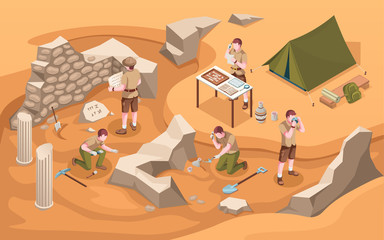 Archeology isometric excavation or archeologist at work. Archaeology job or archaeologist near ancient civilization architecture, columns and tent.Cartoon explorer at historic excavate.Old artifacts - obrazy, fototapety, plakaty