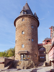 Fototapeta na wymiar The Tower of Stahleck Castle in the Rhine village Bacharach. Rhine Valley, Rhineland-Palatinate, Germany, Europe