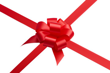 Side view of a big red creative gift holiday bow made of many loops and red bright shiny satin...