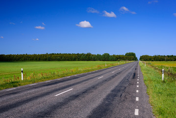 Asphalt road on the background of blue sky with clouds. Typical landscape of Estonia