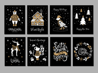 Happy New Year, Merry Christmas greeting cards set with bird, bear, mouse, deer, fir tree, house, holly wreath and lettering. Vector illustration.