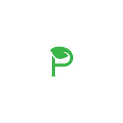 Green plant logo template vector design with letter P, letter P uppercase with leaf green color
