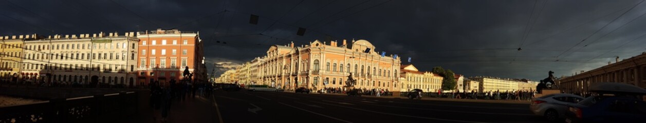 Fototapeta na wymiar sPanorama of a tormy sky at sunset in St. Petersburg
