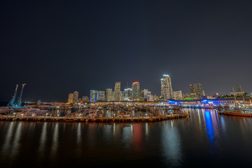 Fototapeta na wymiar Night aerial drone photo Bayside Downtown Miami Marina harbor