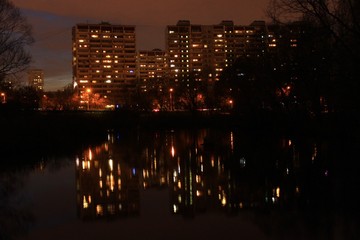 View of residential buildings at night. Russia.