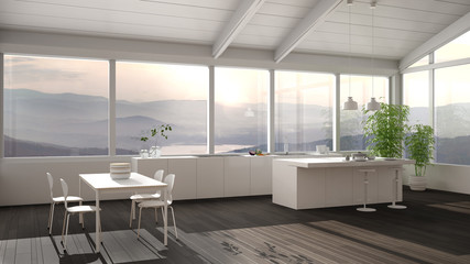 Plakat Modern minimalist kitchen with island and dining table with chairs, parquet floor, wooden roof and big panoramic windows with mountain view, sunset sunrise, lake, interior design idea
