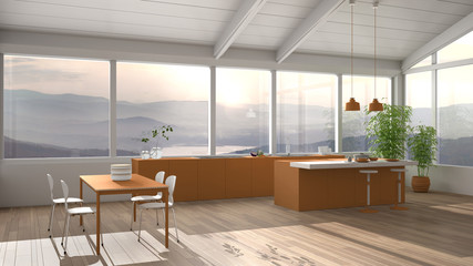 Modern minimalist orange colored kitchen with island and dining table with chairs, parquet, wooden roof and big panoramic windows with mountain view, interior design concept idea