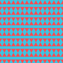 Geometry seamless pattern with red triangles on the blue background. Usable for posters, banners, cards, textile, cloth, wrapping paper and packaging