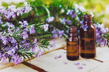 Essential oil and lavender flowers, cosmetic aromatherapy