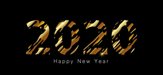Happy New Year 2020 banner. Abstract shiny gold numbers on a black background. Vector illustration