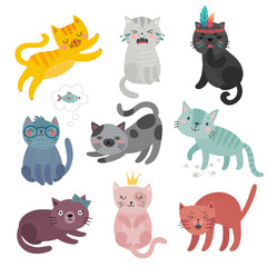 Cute cats faces. Hand drawn characters. Sweet funny kittens.